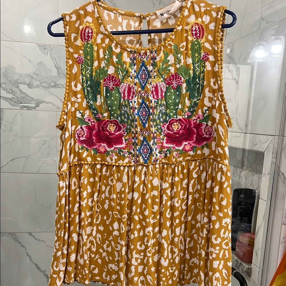 Embroidered Mustard Sleeveless Top
